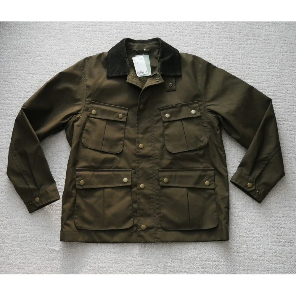 H&M Mens Utility Jacket Olive Green Corduroy Collar Field Coat Medium NEW